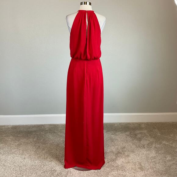 Xscape Red Chiffon Evening Gown Size 8 Cut Out Thigh Slit Ruffled Formal Dress - Picture 6 of 13